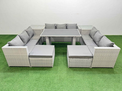 Fimous Patio Outdoor Garden Furniture Sets With Black Glass Top Dining Table 3 Seater Sofa 2 Side Tables 2 Big Stool Light Grey - image 1