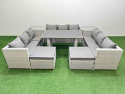 Fimous Patio Outdoor Garden Furniture Sets With Black Glass Top Dining Table 3 Seater Sofa 2 Side Tables 2 Big Stool Light Grey