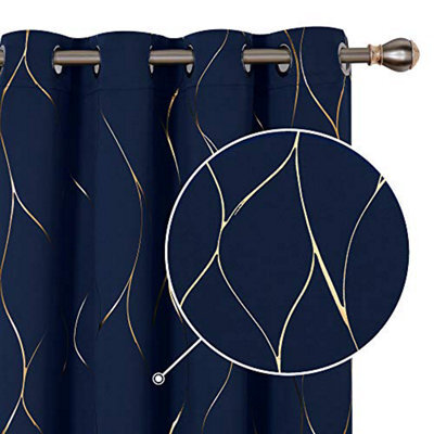Deconovo Blackout Curtains, Gold Wave Foil Printed Eyelet Curtains For Bedroom 46 X 72 Inch (Width X Length), Navy Blue, One Pair - image 1