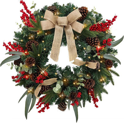 Taylor & Brown 60Cm Pre-Lit Christmas Wreath, Rustic Pinecones & Berries, Battery-Operated Lighted Wreath For Front Door, Outdoor - image 1