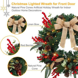 Taylor & Brown 60Cm Pre-Lit Christmas Wreath, Rustic Pinecones & Berries, Battery-Operated Lighted Wreath For Front Door, Outdoor - thumbnail 4
