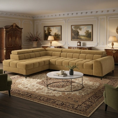 Aurelio L Shape Corner Sofa Bed With Storage And Adjustable Headrests, Modern Sleeper Sofa 268X204 Cm Yellow Left - image 1