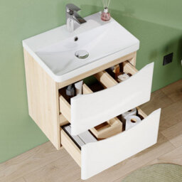 AVER-GROWTH 500mm Wall Hung Vanity Unit With Basin Matt White And Oak Resin Sink Bathroom Storage Cabinet Soft Close Hinges - thumbnail 4