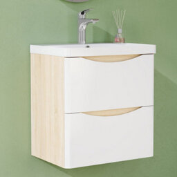 AVER-GROWTH 500mm Wall Hung Vanity Unit With Basin Matt White And Oak Resin Sink Bathroom Storage Cabinet Soft Close Hinges - thumbnail 1