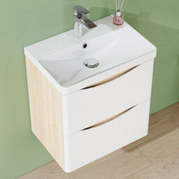 AVER-GROWTH 500mm Wall Hung Vanity Unit With Basin Matt White And Oak Resin Sink Bathroom Storage Cabinet Soft Close Hinges - thumbnail 3