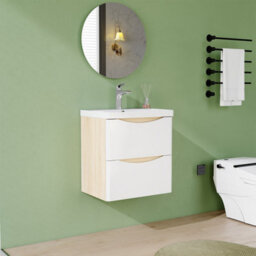 AVER-GROWTH 500mm Wall Hung Vanity Unit With Basin Matt White And Oak Resin Sink Bathroom Storage Cabinet Soft Close Hinges - thumbnail 2