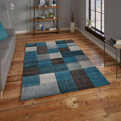 Blue/grey Handmade Modern Easy To Clean Geometric Rug For Dining Room -60 X 230Cm (Runner) - image 1