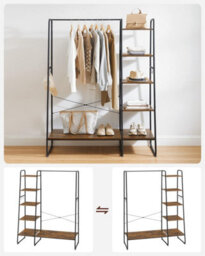 Songmics Clothes Rail Clothes Rack With Shoe Rack, 5 Tier Storage Rack, Side Hooks, For Bedroom, Living Room, Rustic Brown & Black - thumbnail 3