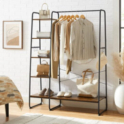 Clothes Rail Clothes Rack With Shoe Rack, 5 Tier Storage Rack, Side Hooks, For Bedroom, Living Room, Rustic Brown & Black