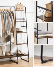 Songmics Clothes Rail Clothes Rack With Shoe Rack, 5 Tier Storage Rack, Side Hooks, For Bedroom, Living Room, Rustic Brown & Black - thumbnail 5