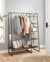 Songmics Clothes Rail Clothes Rack With Shoe Rack, 5 Tier Storage Rack, Side Hooks, For Bedroom, Living Room, Rustic Brown & Black - thumbnail 8