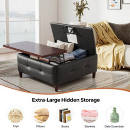 With Table Black Faux Leather Large Square Storage Ottoman With Lift Top - thumbnail 4