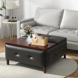 With Table Black Faux Leather Large Square Storage Ottoman With Lift Top - thumbnail 1