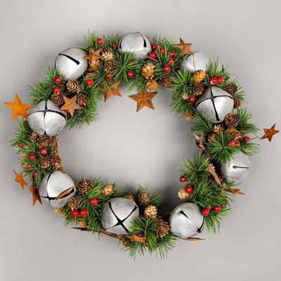 Shatchi 25Cm Bells Stars And Pine Green Christmas Wreath - image 1