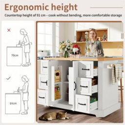 Abrihome Mobile Kitchen Island Cart On Wheels - Cabinet With 2 Doors & 6 Drawers, Adjustable Width 45-75Cm, White/black - thumbnail 2