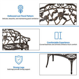 Yaheetech Bronze Outdoor Metal Bench Rose Accented For Patio, Garden, Park - thumbnail 4