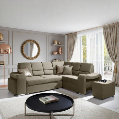 Wakiki Corner Sofa Bed With Two Ottomans Foam Wave Springs Wooden Frame Storage 260X96X190Cm Beige Right - image 1