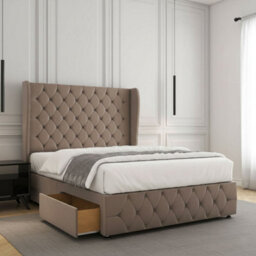 REGIONAL FURNISHINGS Divan Bed Set Mink Plush Velvet 54Inch With Headboard & Footboard 2Drawersfootend & Mattress In Double King 4Ft 6Ft - thumbnail 1