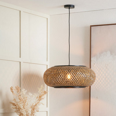 Pacific Lifestyle Black And Natural Rattan Ceiling Light Large Flat Dome Pendant
