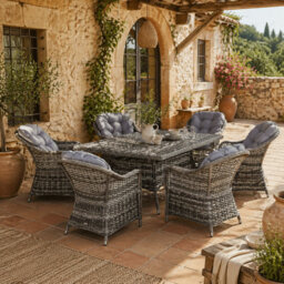 Wyld Haus Viviel 7-Piece Grey Rattan-Style Garden Dining Set With Cushioned Seating, 6 Seats, Rectangular Table - thumbnail 1