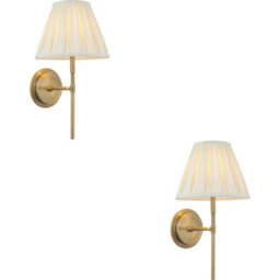 Loops 2 Pack Indoor Antique Brass Plate Wall Light - Cream Fabric Shade - Dimmable 6W Led E14
