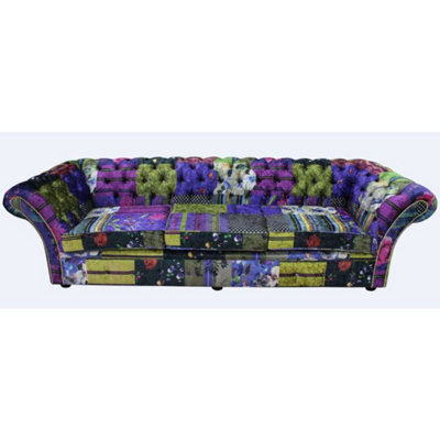 Chesterfield Patchwork 4 Seater Sofa Settee London Multi Velvet In Balmoral Style - image 1