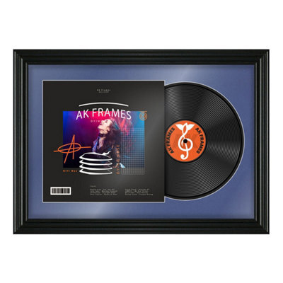 "AK Frames 25X17"" Black Swept Vinyl Record Frame With Blue Mount For 12 Inch Lp Cover & Disc - Overlapped Design" - image 1