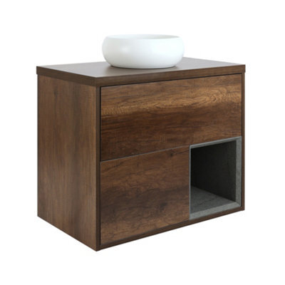 Homestylestore Dark Oak 800mm Wall Hung Bathroom Vanity Unit Round Chalk Countertop Basin Open Shelf - image 1