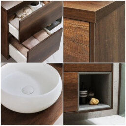 Homestylestore Dark Oak 800mm Wall Hung Bathroom Vanity Unit Round Chalk Countertop Basin Open Shelf - thumbnail 2