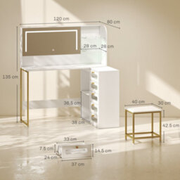 Homcom Dressing Table With Led Mirror And Stool, Drawers, Vanity Desk, White - thumbnail 3