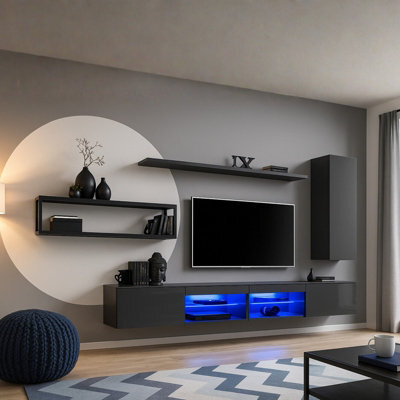 Switch Met Iv Living Room Wall Unit Modern Industrial Furniture Set With Tv Cabinets Shelves And Metal Bookcase Grafit Black