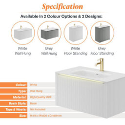 Plum&clay Zion Fluted White Wall Hung Drawer Vanity Unit & Basin Set (W)800mm - thumbnail 7