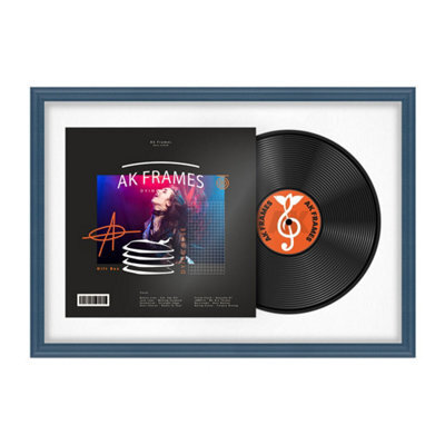 "AK Frames 25X17"" Navy Blue Classic Vinyl Record Frame With White Mount For 12 Inch Lp Cover & Disc - Overlapped Design" - image 1
