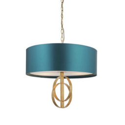 Luminosa Lighting Luminosa Trento 3 Light Ceiling Pendant Antique Gold Leaf & Teal Satin Fabric