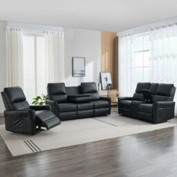 More4Homes Madrid 1+2+3 Seater W Console Manual Recliner Air Leather Sofa Set (Black)
