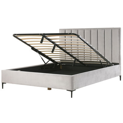 Beliani Ottoman Bed Velvet Sezanne 180 X 200 Cm (Eu Super King) Light Grey - image 1