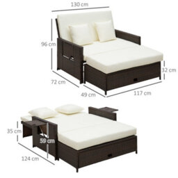 Outsunny Garden Rattan Furniture Set 2 Seater Patio Sun Lounger Daybed Sun Bed - thumbnail 3