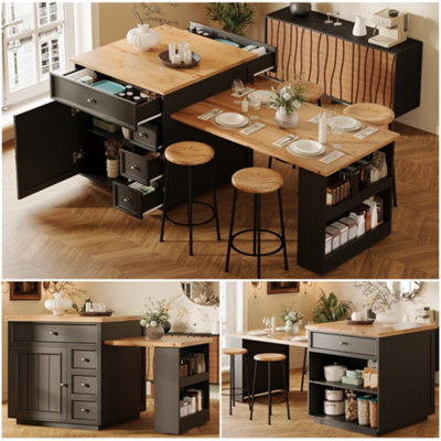 Abrihome Extendable Kitchen Island 120 To 184Cm With Drawers And Casters, Mobile Wood Look Tabletop, Versatile Counter For Kitchen, Black - image 1