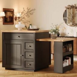 Abrihome Extendable Kitchen Island 120 To 184Cm With Drawers And Casters, Mobile Wood Look Tabletop, Versatile Counter For Kitchen, Black - thumbnail 9