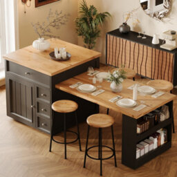 Abrihome Extendable Kitchen Island 120 To 184Cm With Drawers And Casters, Mobile Wood Look Tabletop, Versatile Counter For Kitchen, Black - thumbnail 8