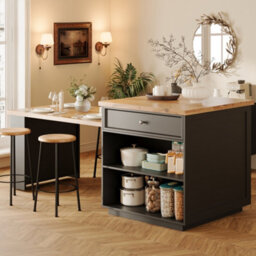 Abrihome Extendable Kitchen Island 120 To 184Cm With Drawers And Casters, Mobile Wood Look Tabletop, Versatile Counter For Kitchen, Black - thumbnail 2