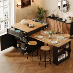 Abrihome Extendable Kitchen Island 120 To 184Cm With Drawers And Casters, Mobile Wood Look Tabletop, Versatile Counter For Kitchen, Black - thumbnail 7