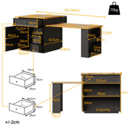 Abrihome Extendable Kitchen Island 120 To 184Cm With Drawers And Casters, Mobile Wood Look Tabletop, Versatile Counter For Kitchen, Black - thumbnail 6