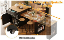 Abrihome Extendable Kitchen Island 120 To 184Cm With Drawers And Casters, Mobile Wood Look Tabletop, Versatile Counter For Kitchen, Black - thumbnail 5