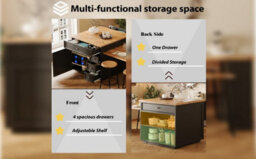 Abrihome Extendable Kitchen Island 120 To 184Cm With Drawers And Casters, Mobile Wood Look Tabletop, Versatile Counter For Kitchen, Black - thumbnail 4