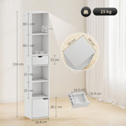 Homcom Narrow Bookshelf With Drawer, Tall Bookcase For Living Room, White - thumbnail 3