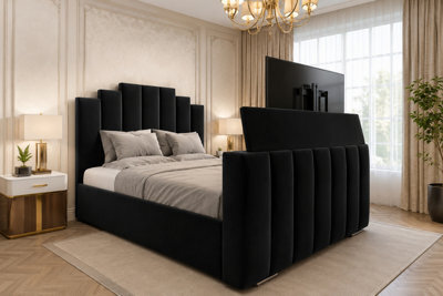 Panel Upholstered Tv Bed Frame With Slats Storage Black - image 1