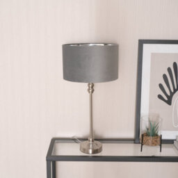 Valuelights Maggie Chrome Candlestick Table Lamp With Grey Velvet And Chrome Inner Lamp Shade - thumbnail 3