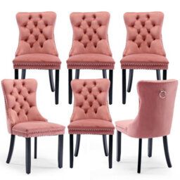 HomeTouch Set Of 6 Lux Pink Velvet Tufted Dining Chairs With Pull Knocker, Wing Back Kitchen Chairs Home Office Bedroom Chairs