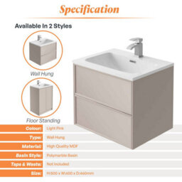 Plum&clay Jenner Light Pink Wall Hung Vanity Unit & Basin Set (W)600mm (H)500mm - thumbnail 6